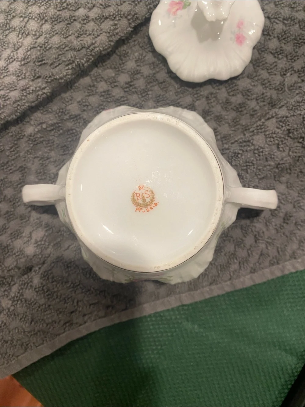 Antique RS Prussia Red Mark Covered Sugar Bowl Porcelain Floral No Chips